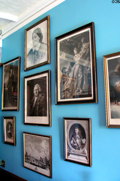 Portraits & scenic views on wall in Oak Room at Lauriston Castle. Edinburgh, Scotland.