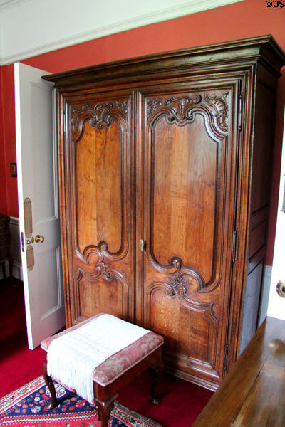Carved armoire in Edwardian bathroom at Lauriston Castle. Edinburgh, Scotland.