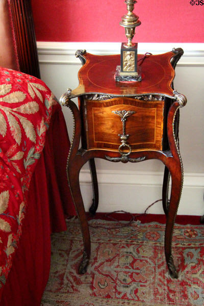 Ornately carved bedside table in main bedroom at Lauriston Castle. Edinburgh, Scotland.