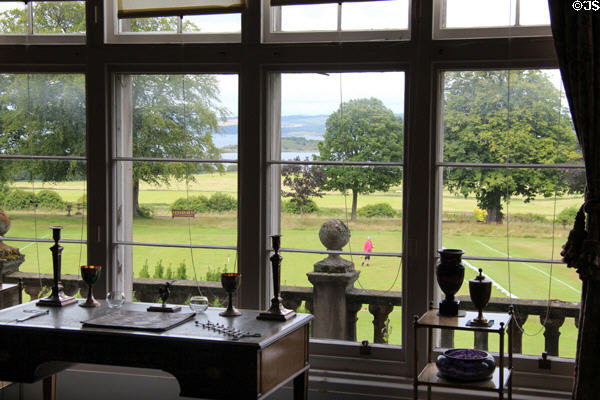 View of Firth of Forth & Cramond Island from sitting room at Lauriston Castle. Edinburgh, Scotland.