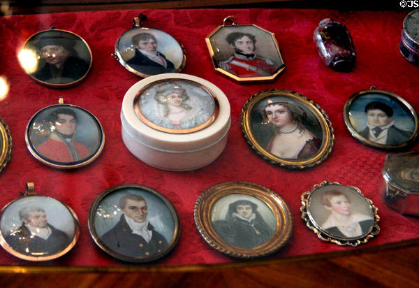 Miniature portrait display in withdrawing room at Lauriston Castle. Edinburgh, Scotland.