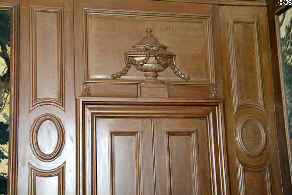 Ornate door carving in dining room at Lauriston Castle. Edinburgh, Scotland.