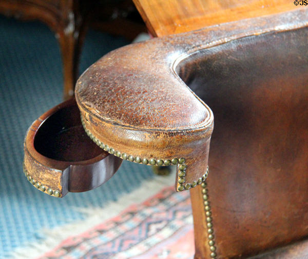 Pen drawer in arm of reversible reading chair in library at Lauriston Castle. Edinburgh, Scotland.