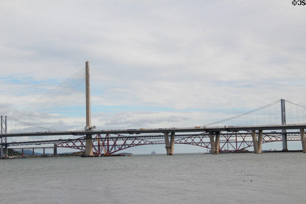 Forth Road Bridge (1964) & Queensferry Crossing Bridge (2017) & Firth of Forth rail bridge (1883-90). Queensferry, Scotland.