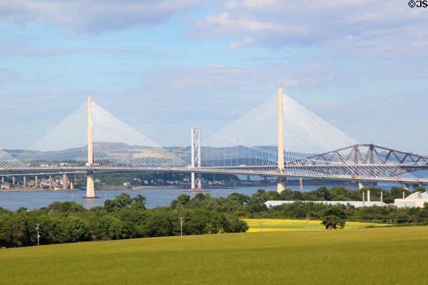 Queensferry Crossing Bridge (2017) & Forth Road Bridge (1964) & Firth of Forth rail bridge (1883-90). Queensferry, Scotland.