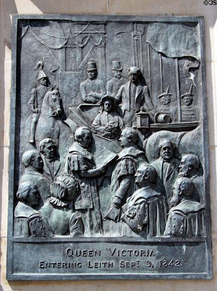 Queen Victoria statue plaque shows her entering Leith (Sept. 9, 1842). Edinburgh, Scotland.