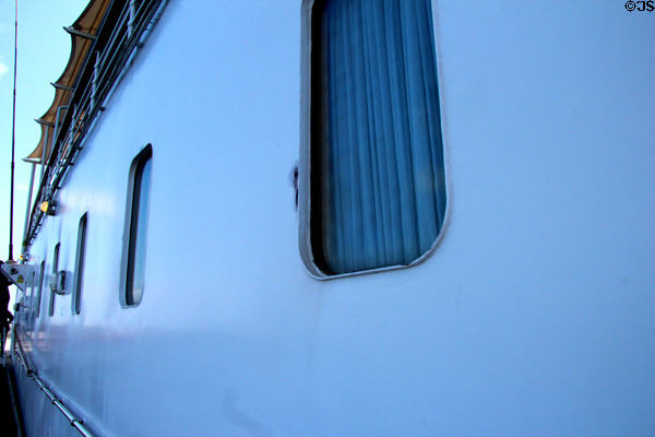 Windows of Queen's bedroom elevated for privacy on Royal Yacht Britannia. Edinburgh, Scotland.