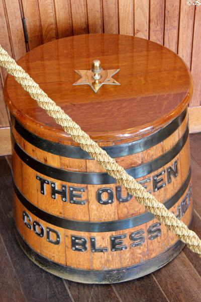 Victorian grog barrel in Sun lounge on Royal Yacht Britannia. Edinburgh, Scotland.