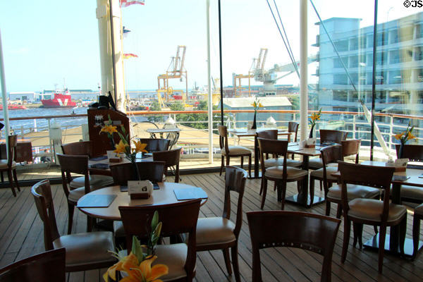 Deck above Sun Lounge now a dining area on Royal Yacht Britannia. Edinburgh, Scotland.