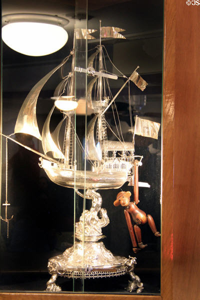 Silver sailing ship centerpiece in officer's mess on Royal Yacht Britannia. Edinburgh, Scotland.
