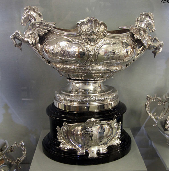 Silver punchbowl with seahorses in officer's mess on Royal Yacht Britannia. Edinburgh, Scotland.