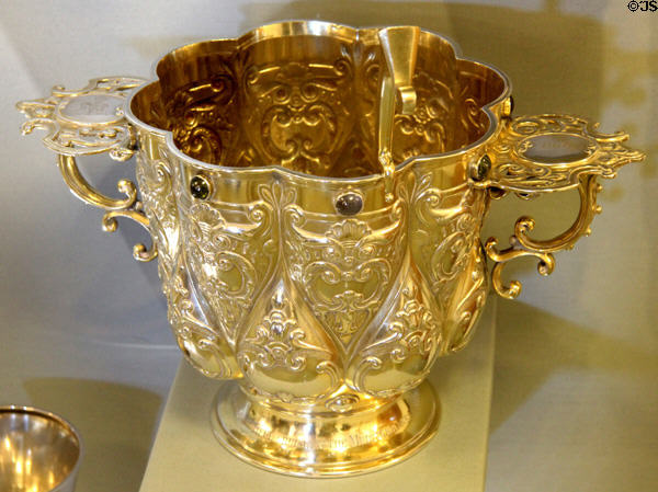 Silver wine bucket in officer's mess on Royal Yacht Britannia. Edinburgh, Scotland.
