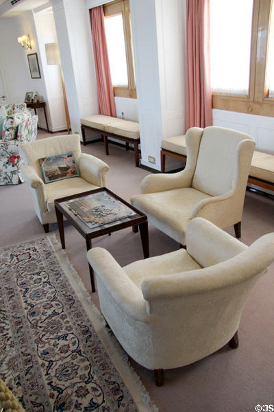 Drawing room sitting area with puzzle on Royal Yacht Britannia. Edinburgh, Scotland.