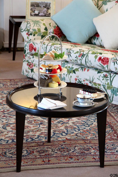 Drawing room table with snacks on Royal Yacht Britannia. Edinburgh, Scotland.