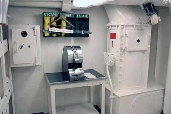 Textile marking machine in laundry on Royal Yacht Britannia. Edinburgh, Scotland.