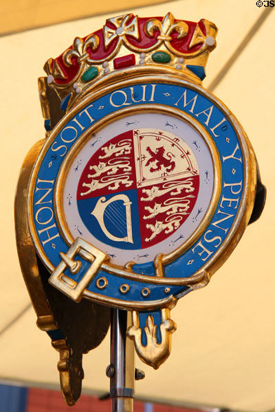 Royal seal on Royal Barge at Royal Yacht Britannia. Edinburgh, Scotland.