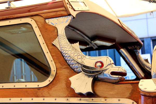 Dolphin decoration on Royal Barge at Royal Yacht Britannia. Edinburgh, Scotland.