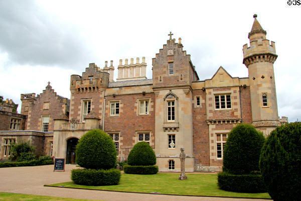 Facade details of towers & crowstepped gables at Abbotsford House. Melrose, Scotland.