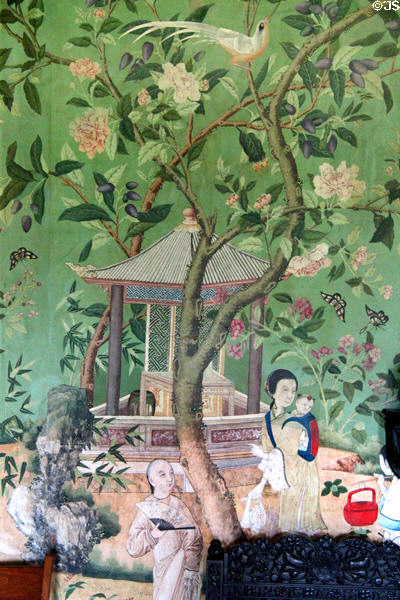 Detail of Chinese wallpaper (1822) with Chinese scene in drawing room at Abbotsford House. Melrose, Scotland.