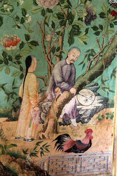 Detail of Chinese wallpaper (1822) with Chinese scene in drawing room at Abbotsford House. Melrose, Scotland.