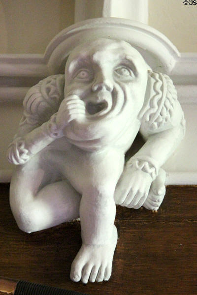 Fanciful figure with fancy epaulets corbel at Abbotsford House. Melrose, Scotland.