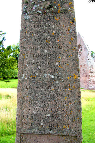 "Erected by the right Hon David Steuart Erskine the Earl of Buchan" carved on King James obelisk at Dryburgh Abbey. Scotland.