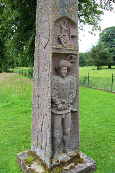 King James obelisk (1794) by George Burnet honoring kings James I & II at Dryburgh Abbey. Scotland.