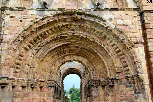 West front doorway carving details Jedburgh Abbey. Jedburgh, Scotland.