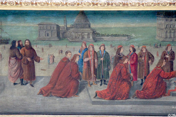 Painting on front of Italian wedding chest in Hall at Manderston House. Duns, Scotland.