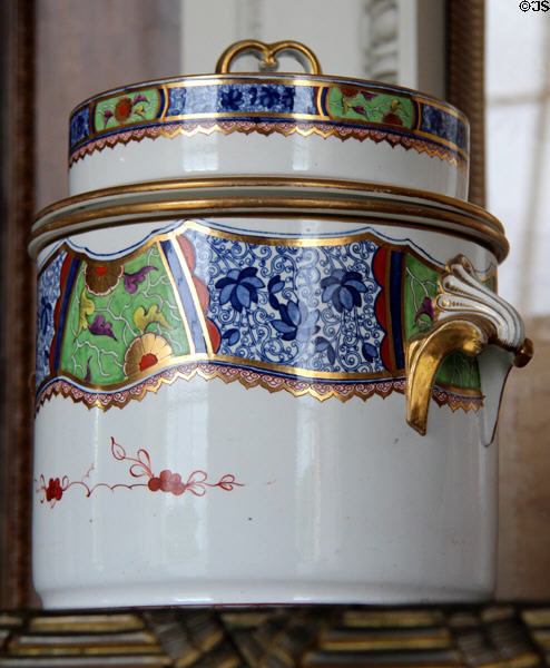 Antique porcelain ice cream or fruit cooler in green & blue pattern at Manderston House. Duns, Scotland.