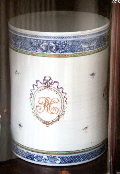 Blue & white porcelain beaker with initials RC at Manderston House. Duns, Scotland.