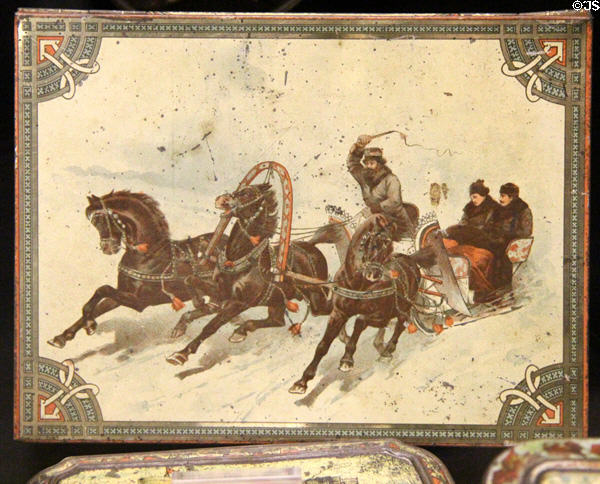 Russian troika Palmer souvenir biscuit tin (1898) at Manderston House. Duns, Scotland.