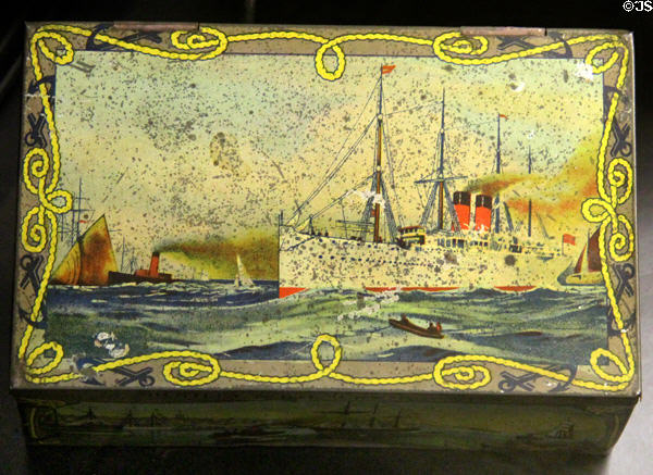 Nautical Palmer souvenir biscuit tin (1909) at Manderston House. Duns, Scotland.