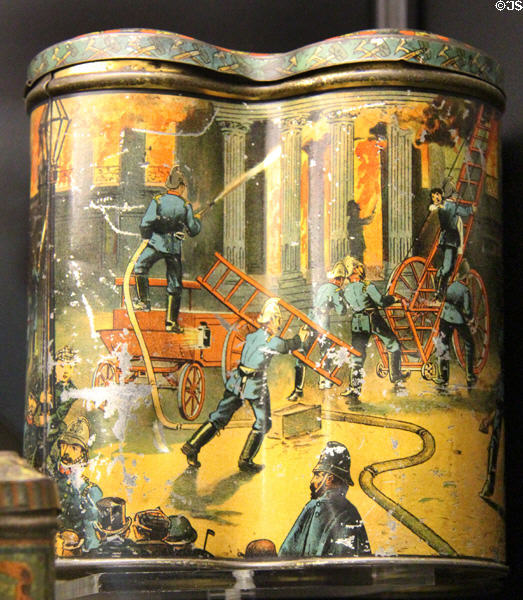 Firefighting Palmer souvenir biscuit tin at Manderston House. Duns, Scotland.