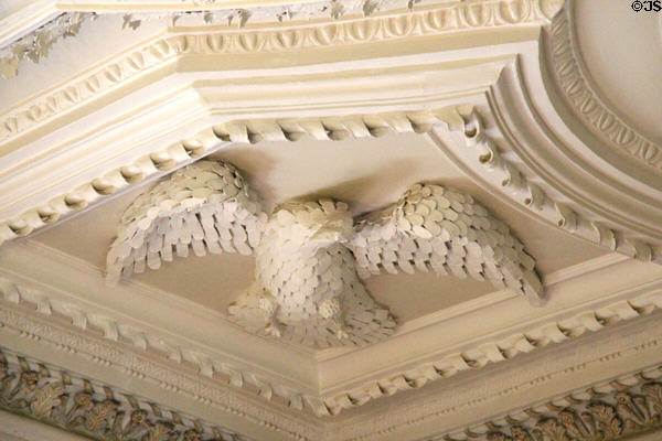 Large drawing room sculpted eagle on ceiling (1600s) at Thirlestane Castle. Scotland.