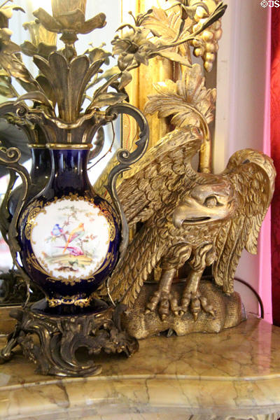 Carved eagle on corner of mirror frame at Thirlestane Castle. Scotland.