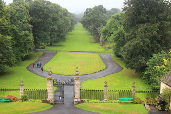 View of gates (1695-9) at Traquair House. Scotland.
