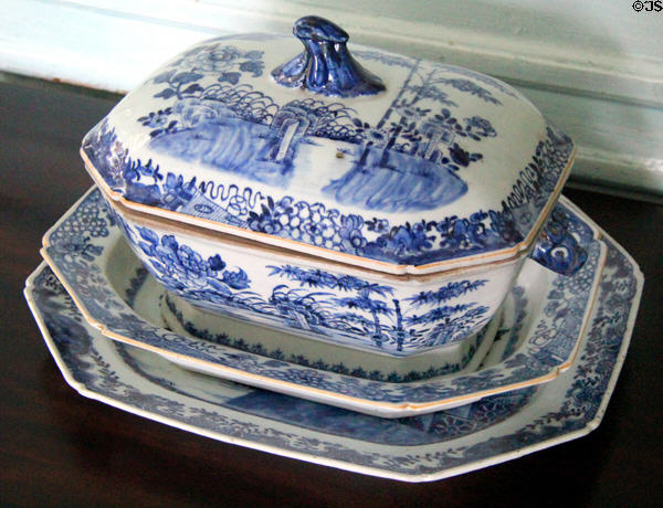 Octagonal tureen & serving platter in cobalt blue at Traquair House. Scotland.