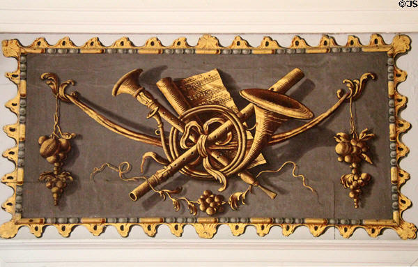 Baroque wallpaper detail in high drawing room at Traquair House. Scotland.