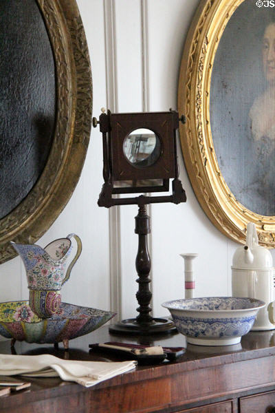 Pitcher & basin beside shaving mirror in dressing room at Traquair House. Scotland.