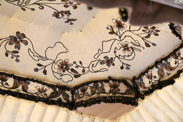 Embroidered bed canopy in King's room at Traquair House. Scotland.