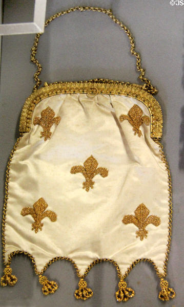 White satin bag which belonged to Mary Queen of Scots at Traquair House. Scotland.