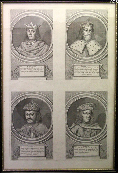 Engraving of Scottish Kings Robert III, James I, II, III at Traquair House. Scotland.
