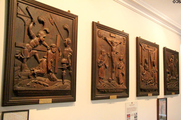 Stations of the cross carvings in chapel at Traquair House. Scotland.