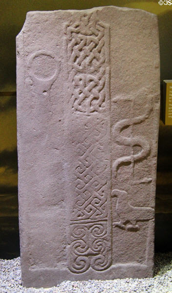 Pictish carved stone with mirror, snakes & bird at St Vigeans Museum. Arbroath, Scotland.