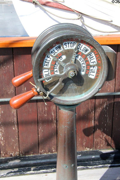 Engine-room telegraph on bridge of RRS Discovery. Dundee, Scotland.