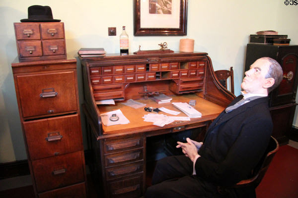 Wood file cabinets & cubbyhole desk in office at Verdant Works Museum. Dundee, Scotland.