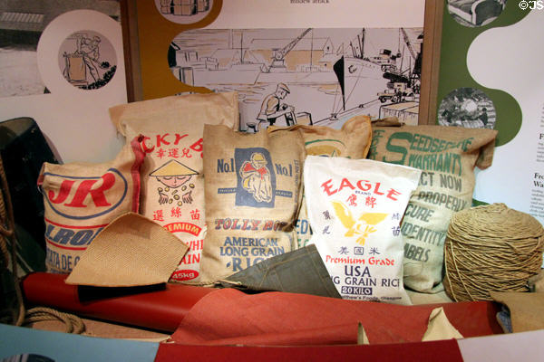 Jute bags at Verdant Works Museum. Dundee, Scotland.