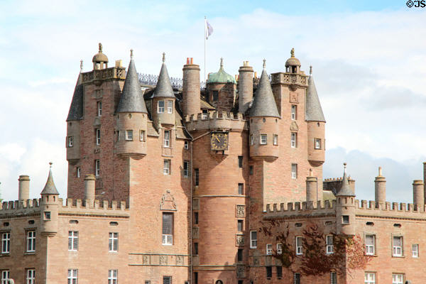 Central towers of Glamis Castle which started as hunting lodge before 1033. Angus, Scotland.