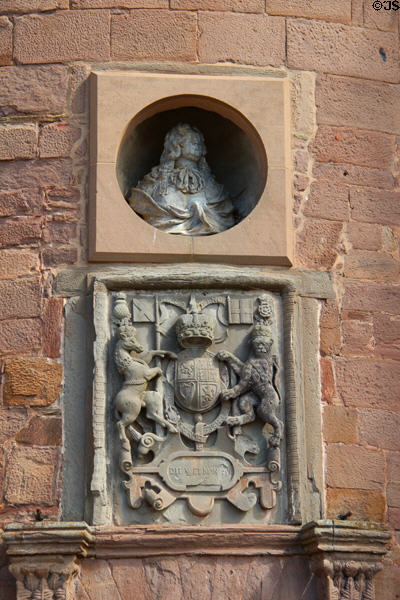 Facade detail with bust & crest at Glamis Castle. Angus, Scotland.
